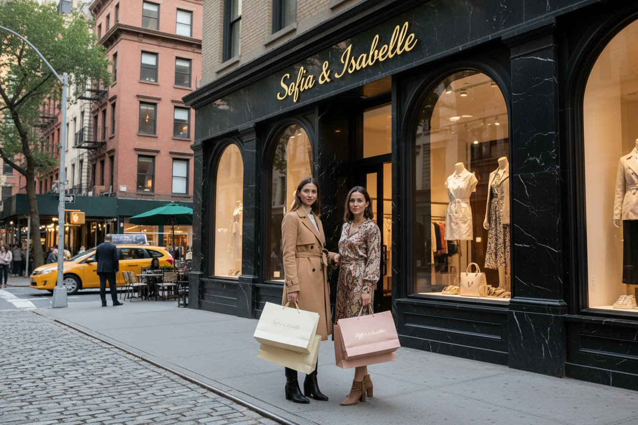 It should look like a store in new york. The people should look real. On the bags it most shown clearly Sofia & Isabelle